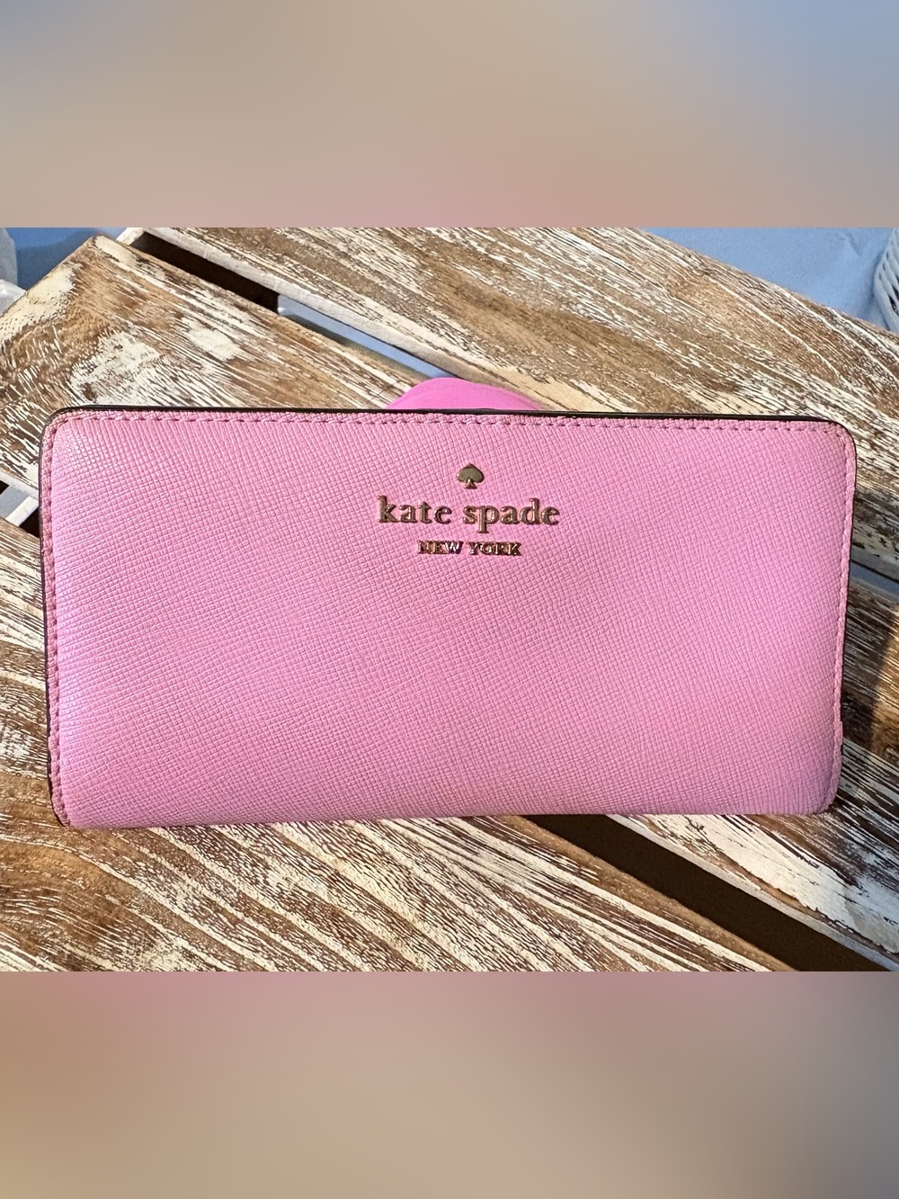 kate spade Pink Saffiano Zip-Around Wallet with Gold Logo